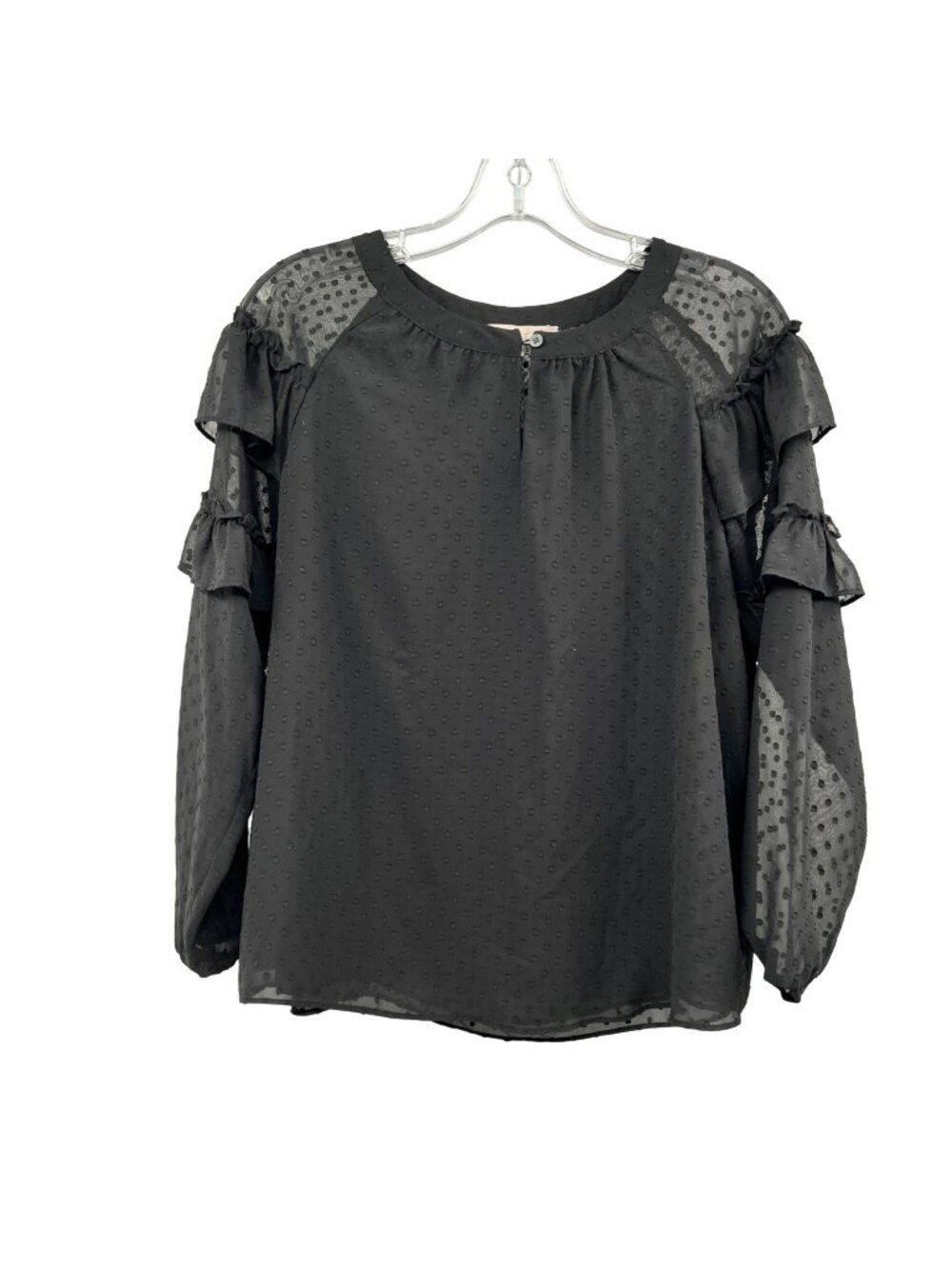 Loft Womens Dotted Swiss Blouse Long Ruffle Sleeve Black Size XS